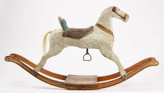 Rocking horse: Antique folk art rocking horse. Carved wood with original paint. Condition: Excellent original condition. H 26-1/2" W 50" D 11-1/2". Copy and paste this link for high-res images: https://www.dropbox.c