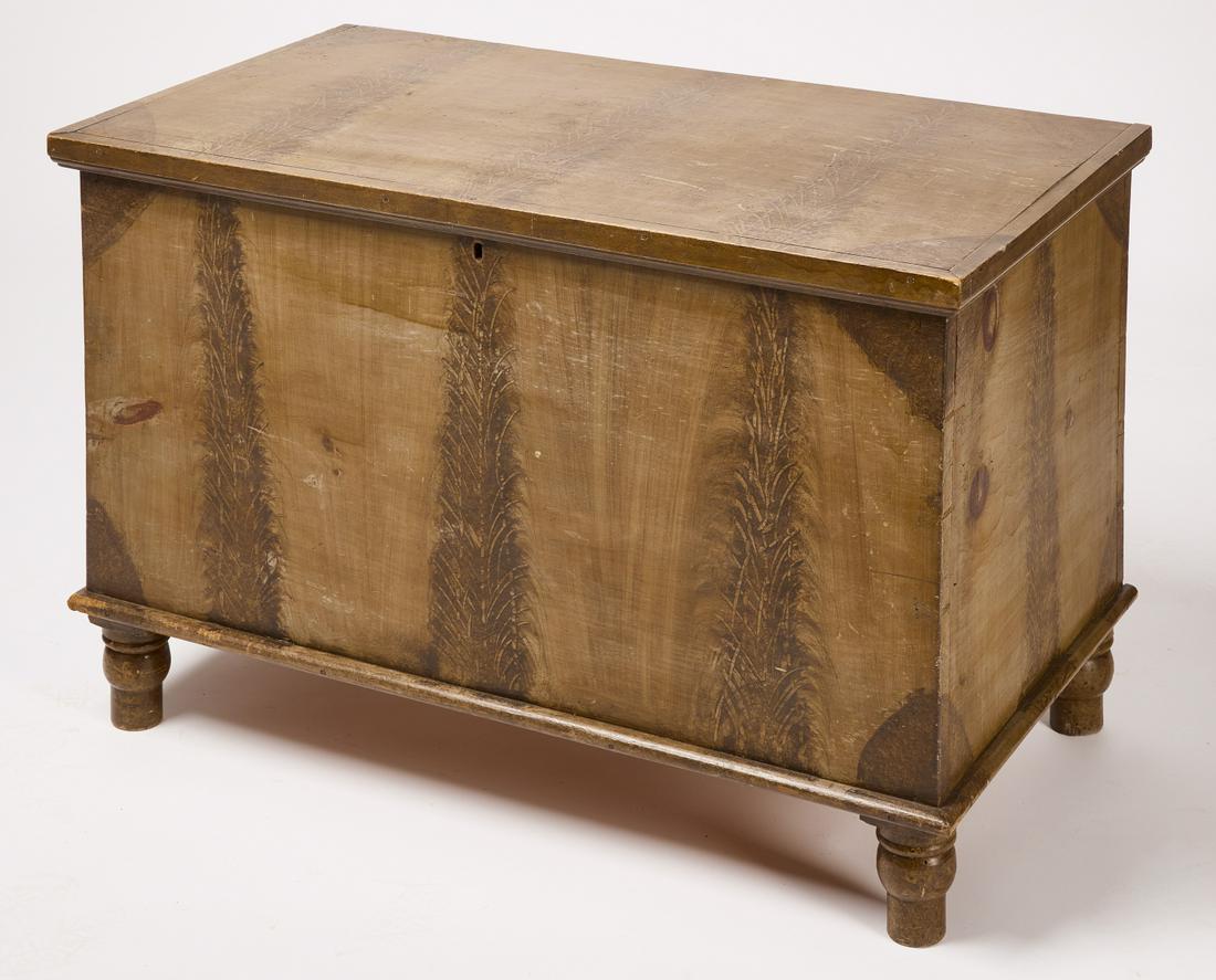 Paint-Decorated Blanket Chest: Blanket chest with turned feet and original paint decoration. American, circa 1840. Condition: Excellent original condition. H 24-1/2" W 37-1/8" D 20-7/8". Copy and past this link for high-res images: