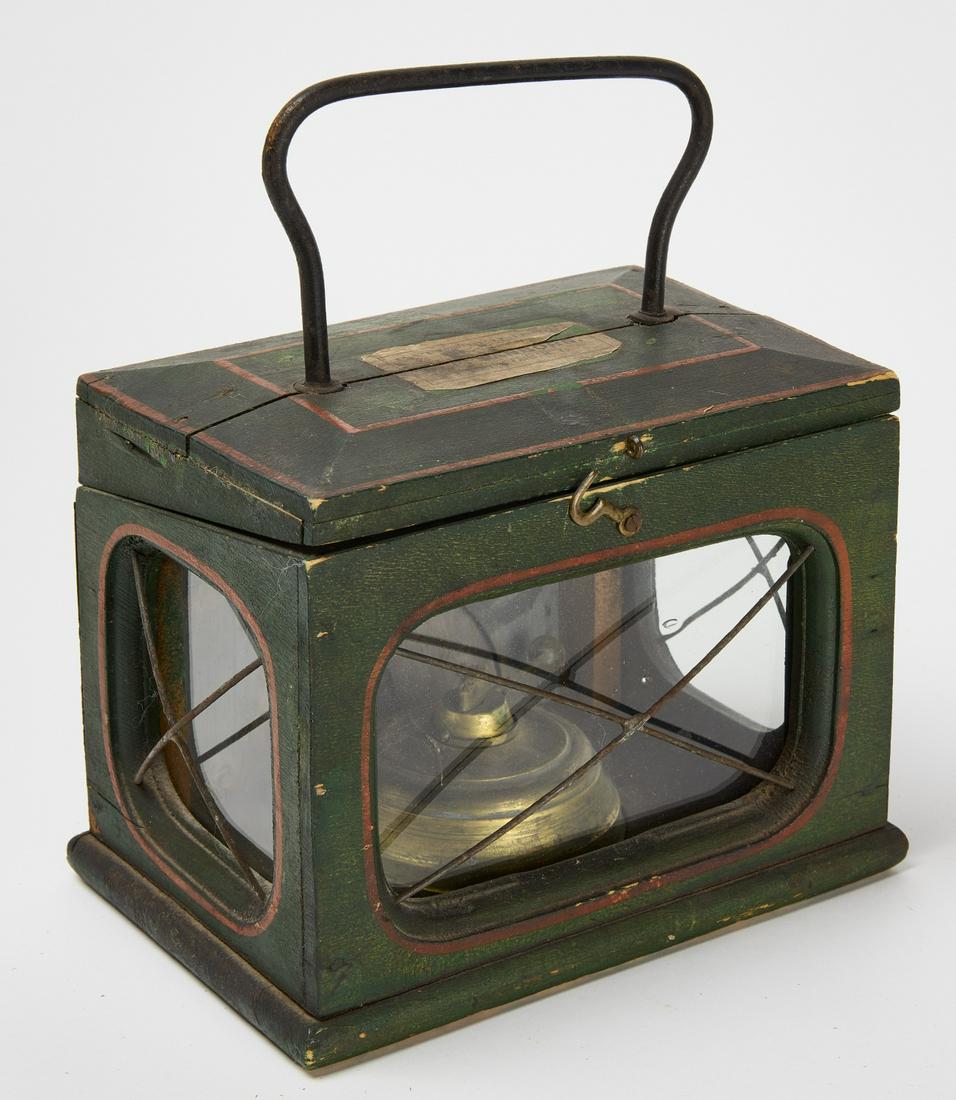 Rare Painted Lantern: Rare paint-decorated lantern. Patented 1865, Sehuyler Falls, New York. Original label. Condition: All original including paint. H 9-7/8" W 5-1/8" L 8-1/8". Copy and paste this link for high-res images