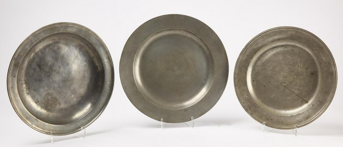 Three Large Early Pewter Chargers (1 of 6)