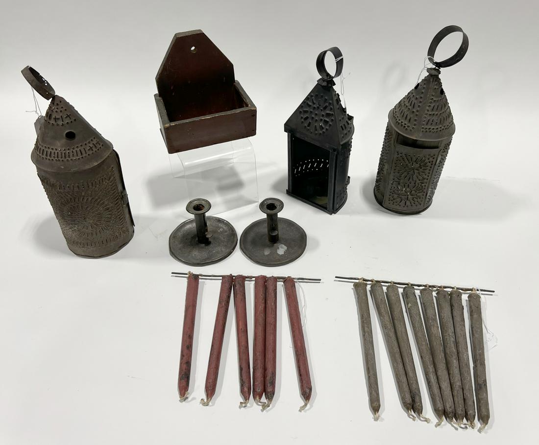 Three Pierced Tin Lanterns Painted Wallbox (1 of 3)