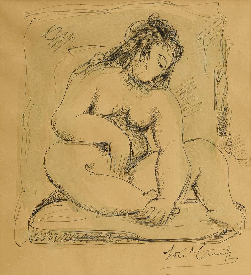Jose de Creeft - Drawing in Ink: Drawing in ink by Spanish-American artist Jose de Creeft (1884-1982). Figure of a nude woman in relaxed position. Frame H 18-1/4" W 16-5/8" Sight H 11-3/4" W 10-3/4". Copy and paste link for high-res