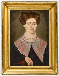 Erastus Salisbury Field - Portrait of a Lady: Erastus Salisbury Field (1805-1900). Oil on canvas. New England, circa 1835. Condition: Wax lined. Minor scattered in-painting mainly in lighter area surrounding head . Frame is period but not