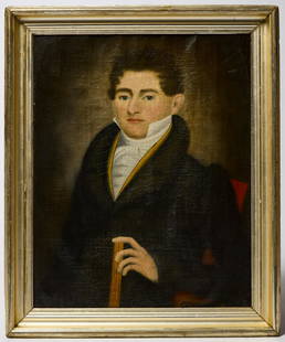 Erastus Salisbury Field - Portrait of a Young Man: Erastus Salisbury Field (1805-1900). Portrait of a young man holding a ruler. New England, circa 1830. Oil on canvas. Period frame. Condition: Fine original condition. Inspected under UV light, minima