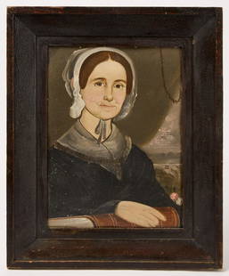 William Matthew Prior - Portrait of a Lady: William Matthew Prior (1806-1883). Portrait of a lady with book and flowers. Oil on artist's board. Period frame. Maine, circa 1840. Condition: Inspected under UV light. No restoration noted. Frame H