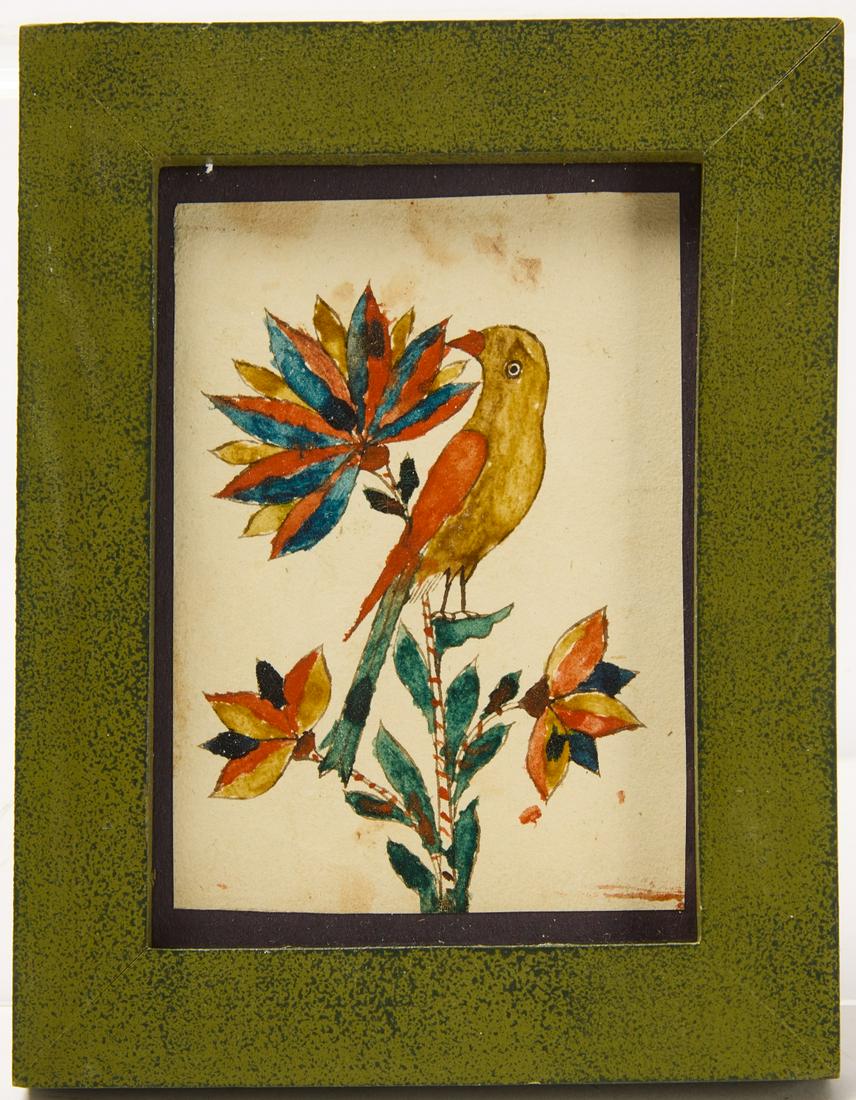 Fraktur with Bird: Framed fraktur with bird and three flowers. Condition: Excellent condition. Frame is modern. Frame H 6" W 4-5/8" Sight H 4-1/2" W 3-1/8". Copy and paste link for high-res image: https://www.dropbox.co