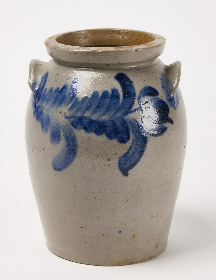 Handled Stone Jar with Cobalt Blue Decoration: Two-handled stoneware crock with cobalt blue decoration. Marked 1 ( one gallon) Condition: Excellent condition. One small rim chip. H 10" W 7-1/4". Copy and paste link for high-res images: https://www