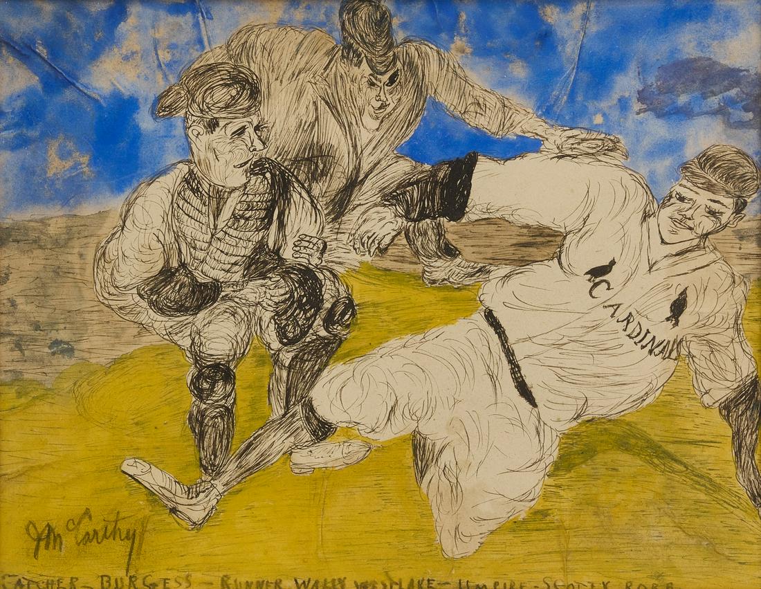 Outsider Baseball Drawing- Justin McCarthy: Justin McCarthy. Drawing of baseball scene. Signed 'McCarthy'. Condition: Frame H 20" W 22-1/2" Sight H 10-1/2" W 13-1/2". Copy and paste link for high-res images: https://www.dropbox.com/sh/l8s6yhrgv