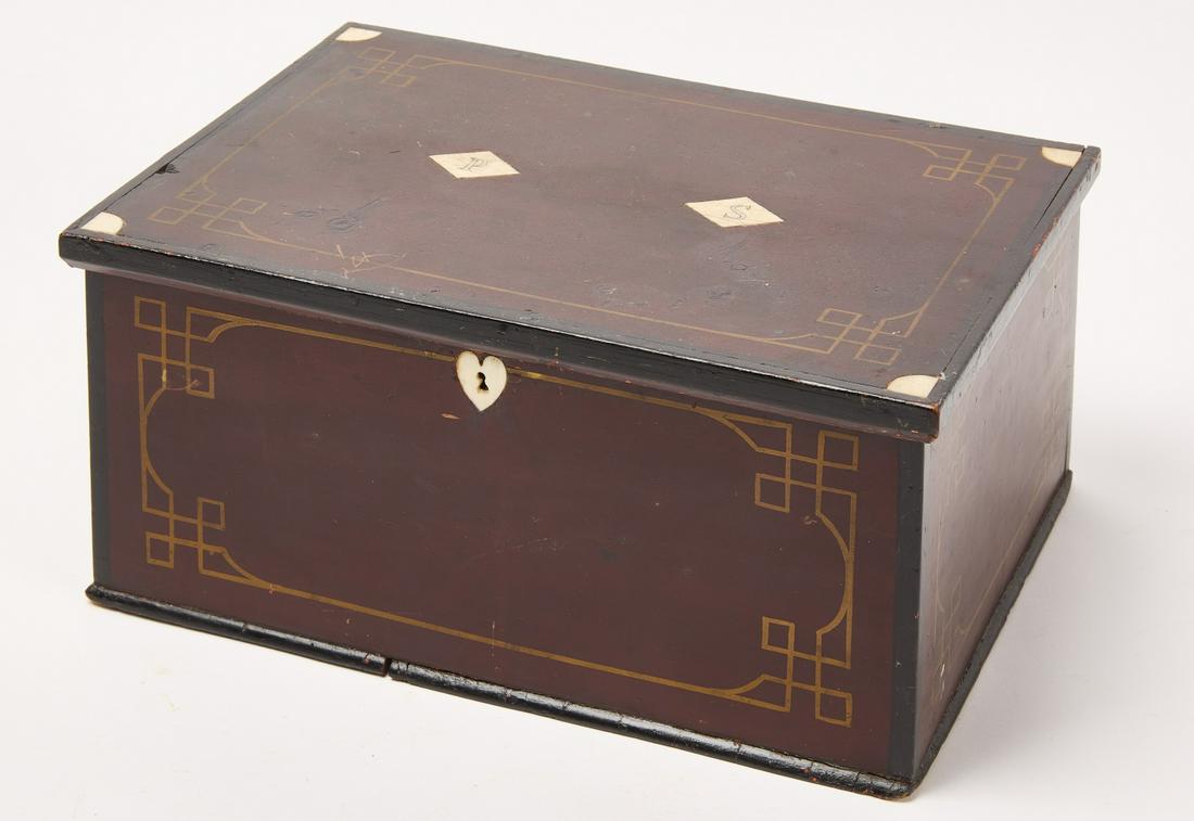 Sailor Made Inlaid Box: Sailor made bone inlaid and paint-decorated work box. Initials 'P' and 'S' scrimshaw initials. Velvet lined under the lid. Coastal New England, circa 1850 H 5-1/2" W 12-1/2" D 9". Copy and paste link