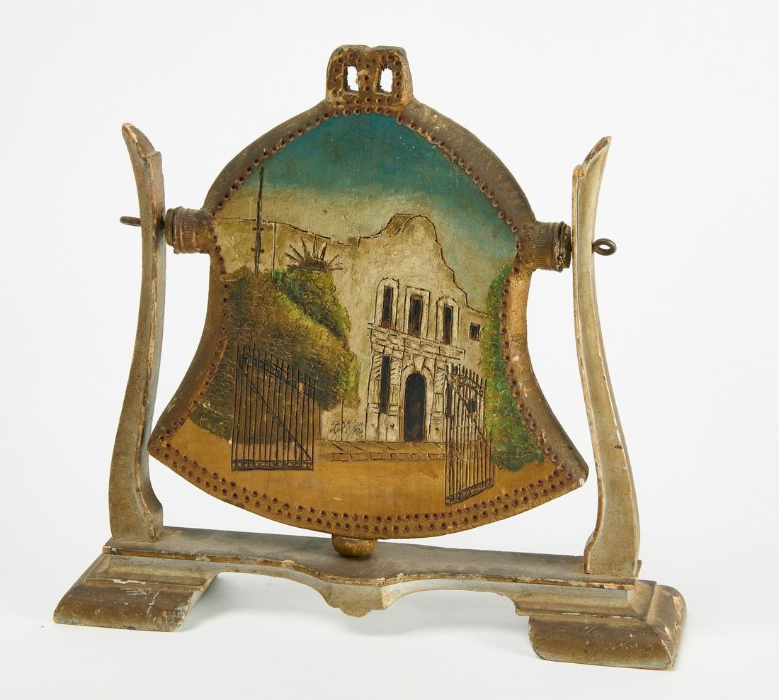 Folk Art Alamo Souvenir: Folk art antique Alamo souvenir. Carved and painted depiction of the Alamo on a bell shaped panel. Circa 1910. Condition: Excellent condition with original paint. Minor imperfections. H 11-5/8" W 12-1