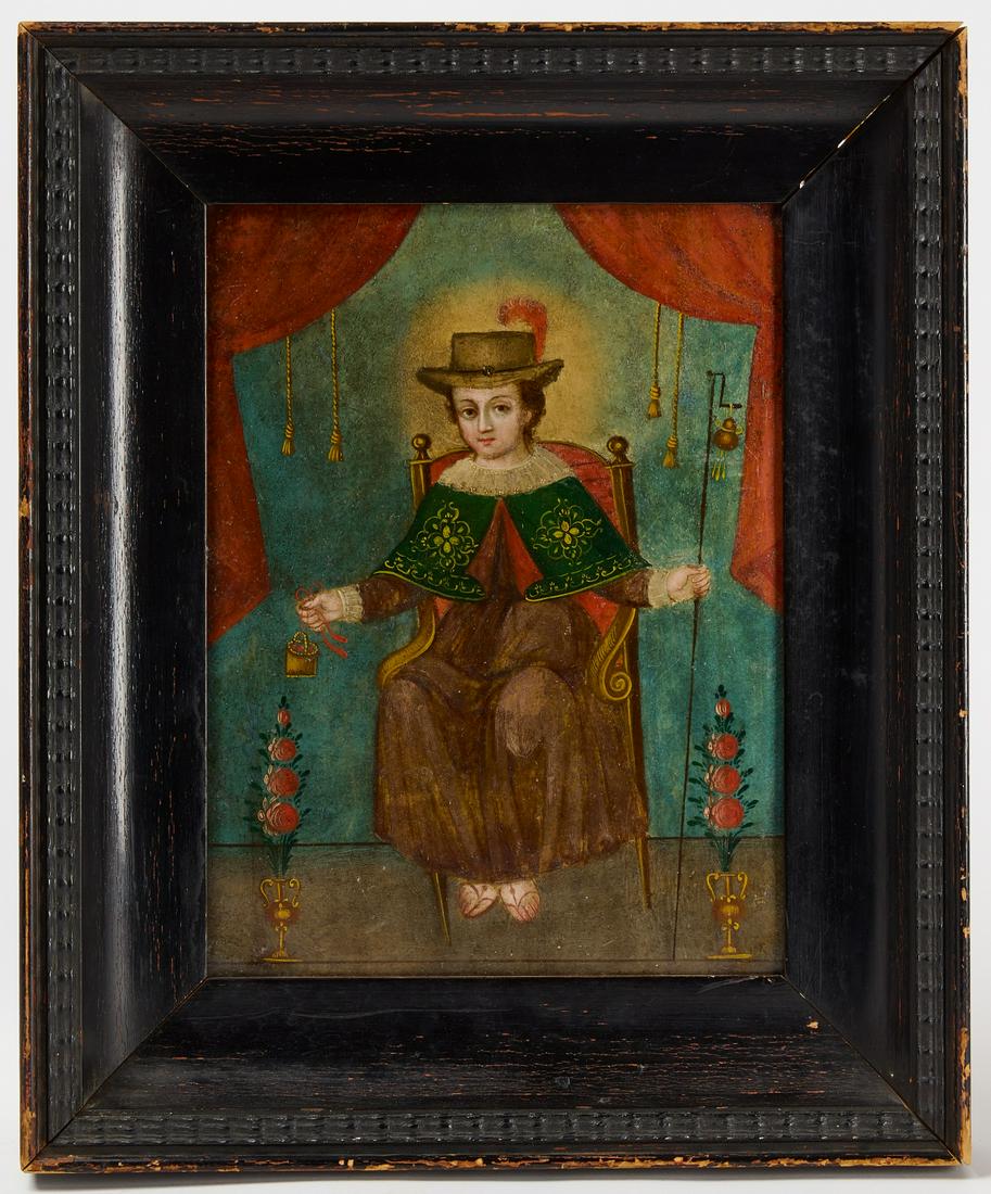 Retablo - "Nino De Plateros": Retablo. "Nino de Plateros". 19th century. Oil on tin. Condition: Excellent original condition. Frame H 19-1/8" W 15-7/8" Sight H 14" W 10-1/2". Copy and paste link for high-res images: https://www.dr