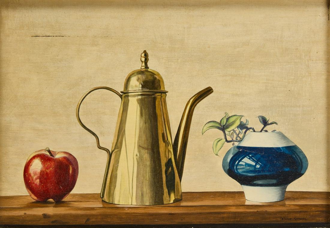 Rocco Nucera - Still Life with Brass: Rocco Nucera (?-1979). 'Sill Life with Brass' Oil on board. Signed LR. Condition: Excellent condition. Minimal grime and imperfections. Frame H 16-3/4" W 23" Board H 14" W 19-7/8". Copy and paste link