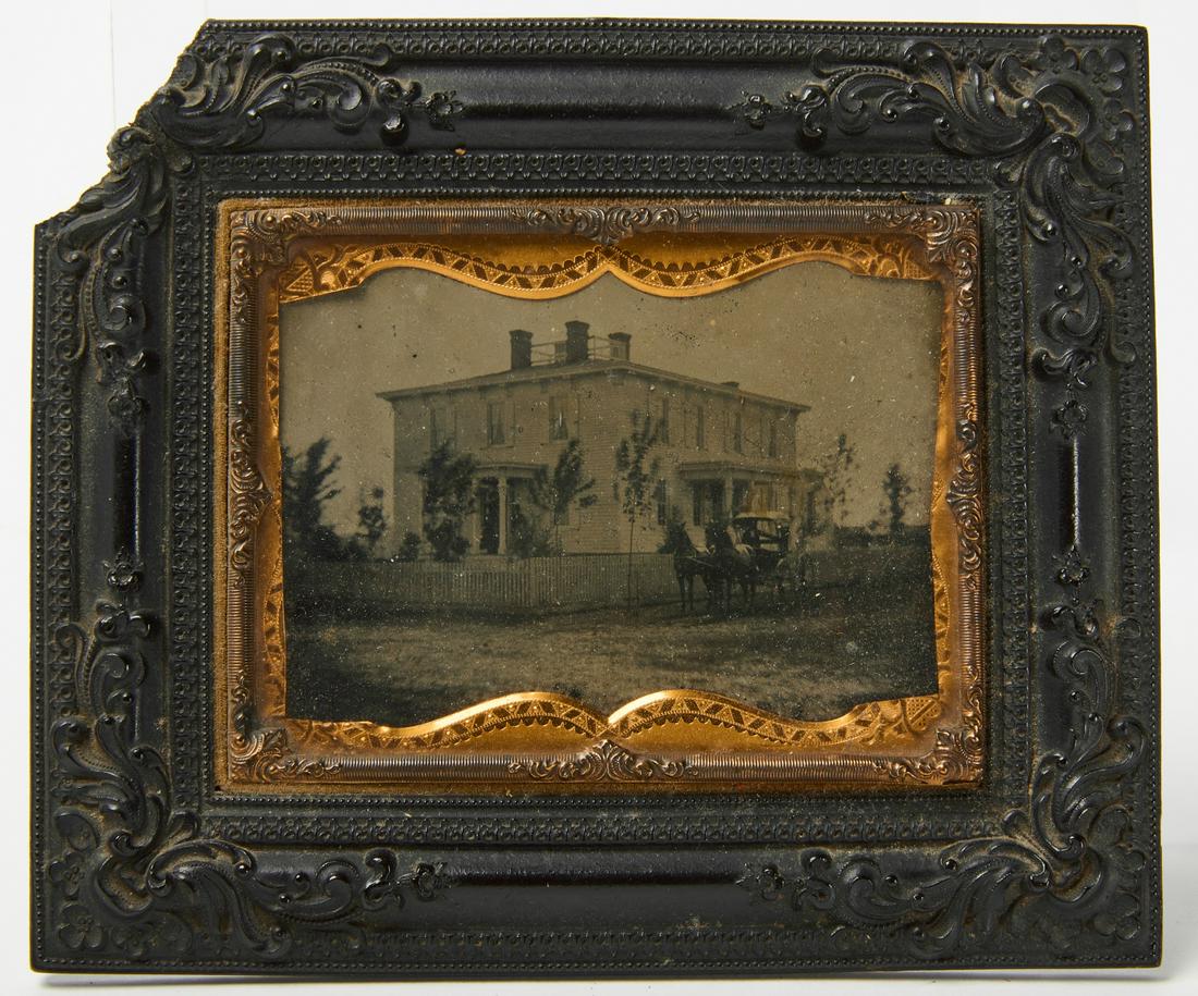 Ambrityoe of House Horse and Carriage: Ambritype of a house with a horse pulled carriage out front. Condition: Piece missing from upper left corner of frame. Frame H 5-1/2" W 6-1/2" Sight H 3" W 4". Copy and paste link for high-res images: