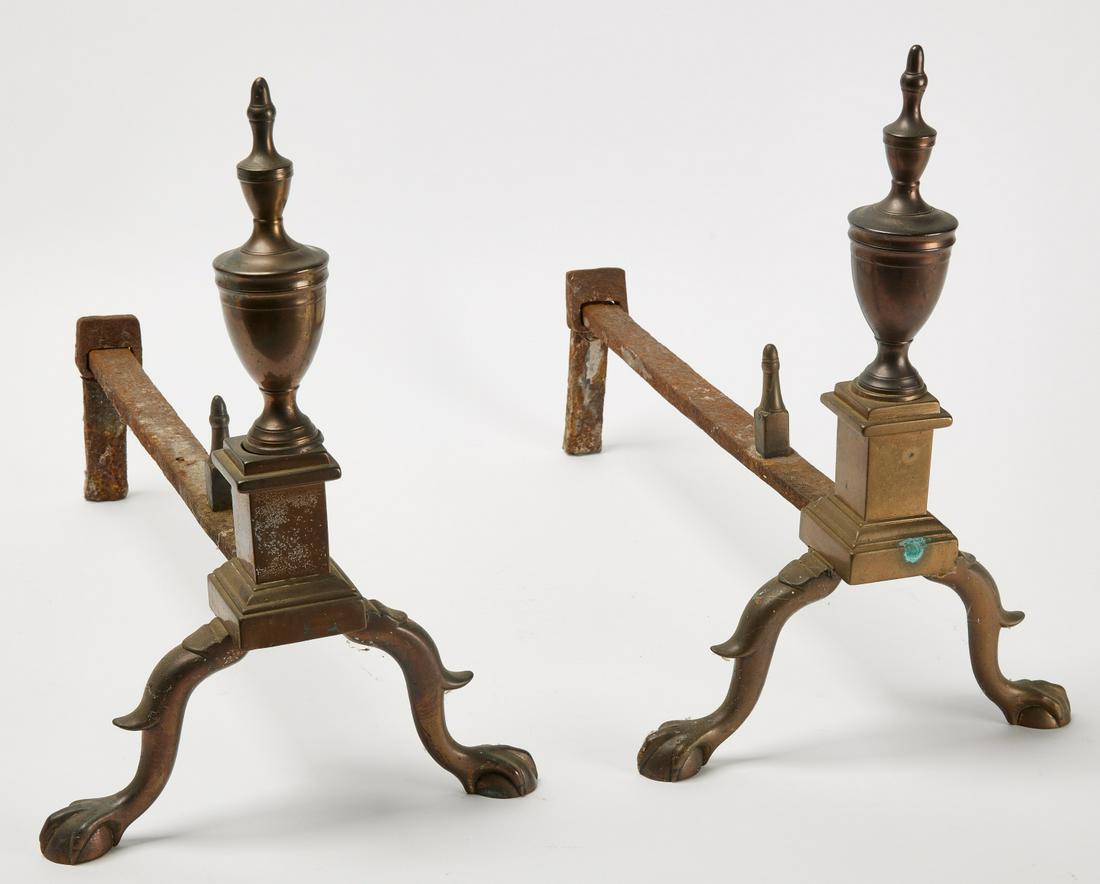 Claw and Ball Foot Andirons: Pair of andirons with ball and claw foot. 18th century. Condition: Excellent condition. H 16-1/4" L 20". Copy and paste link for high-res images: https://www.dropbox.com/scl/fo/r7ynh8xgfhabclqqoitd0/h