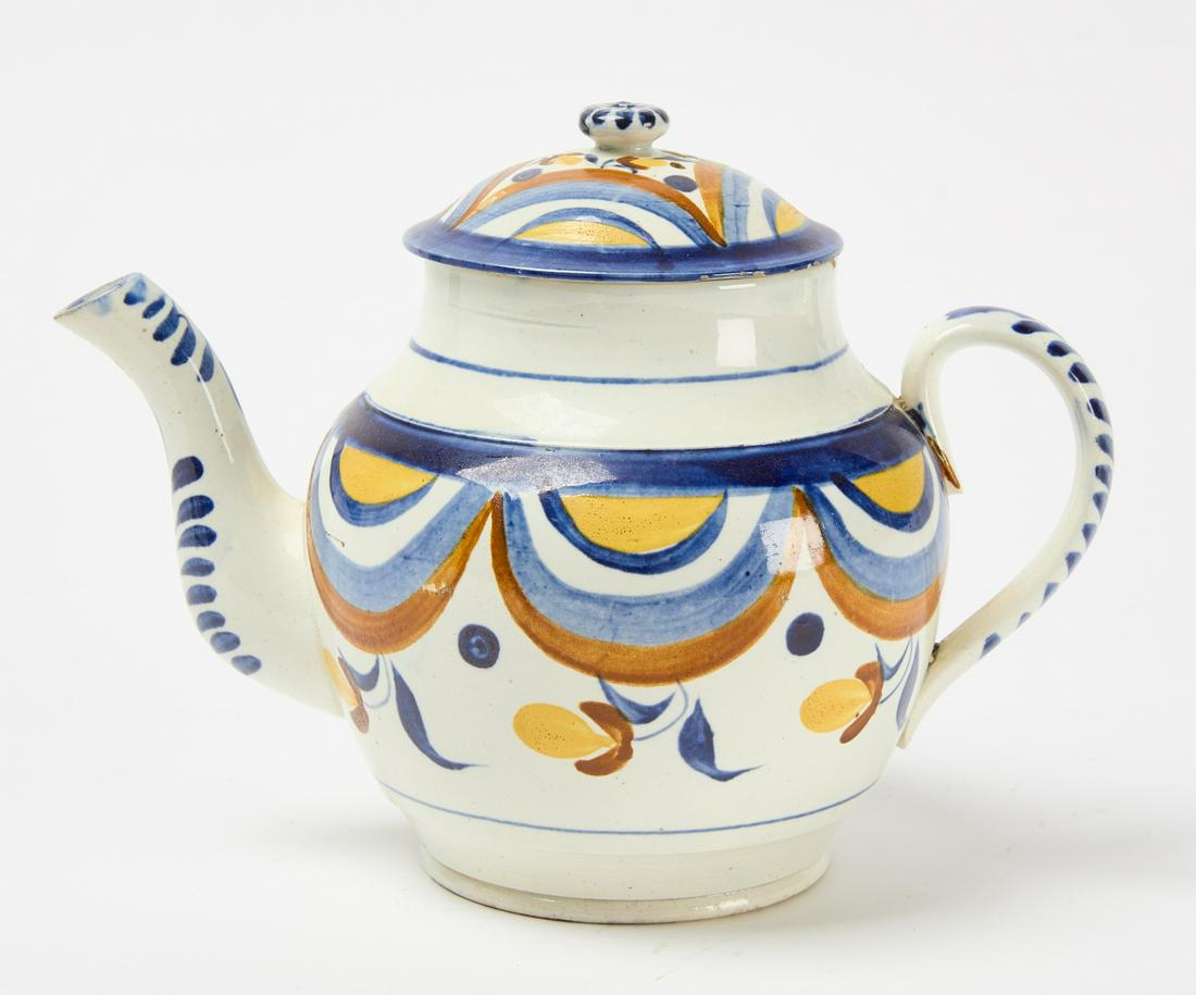 Pearlware Tea Pot with Lid: Pearlware tea pot with lid and painted decoration. Circa 1820. Condition: one inch hairline crack, light chips. H 6" W 9". Copy and paste link for high-res images: https://www.dropbox.com/scl/fo/non1n