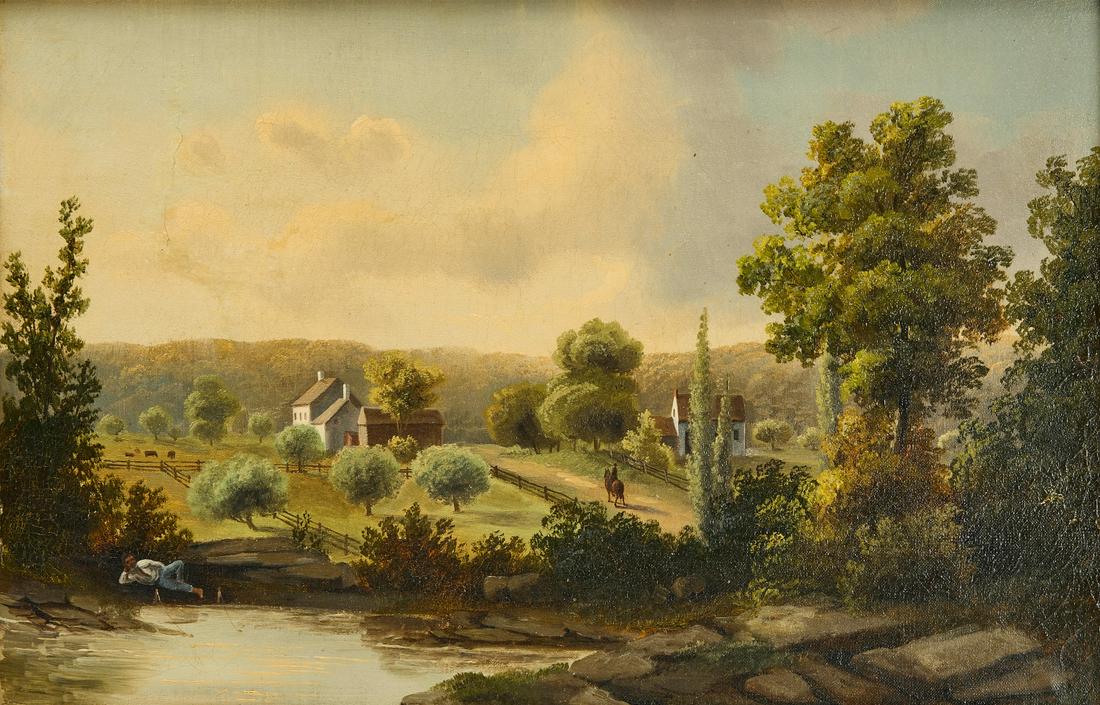 Oil on Canvas - Pastoral Scene: Oil on canvas panting of a pastoral countryside scene. Condition: Excellent condition. Frame H 15-3/8" W 21-7/8" Canvas H 12" W 18". Copy and paste link for high-res images: https://www.dropbox.com/sh