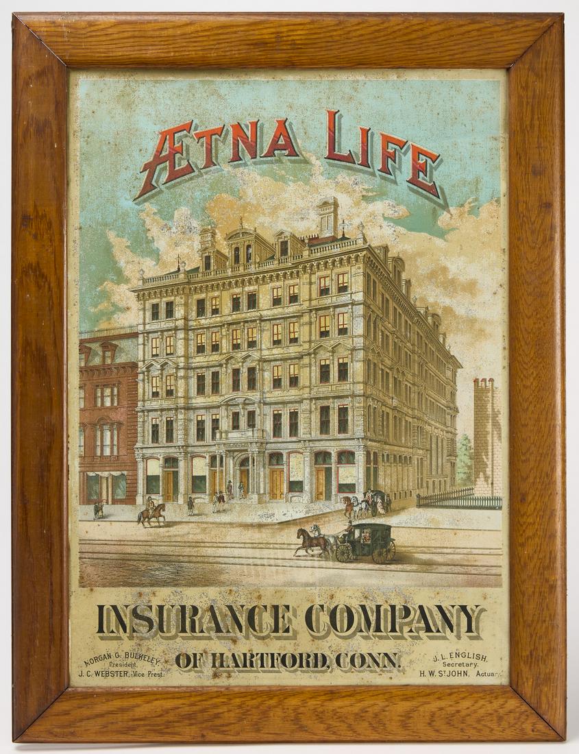 Aetna Life Insurance Company Trade Sign: Trade sign for Aetna Life Insurance company of Hartford, CT. Condition: Losses and imperfections. Frame H 32-1/2" W 24-1/2" Sight H 27" W 15-1/2". Copy and paste link for high-res images: https://www.