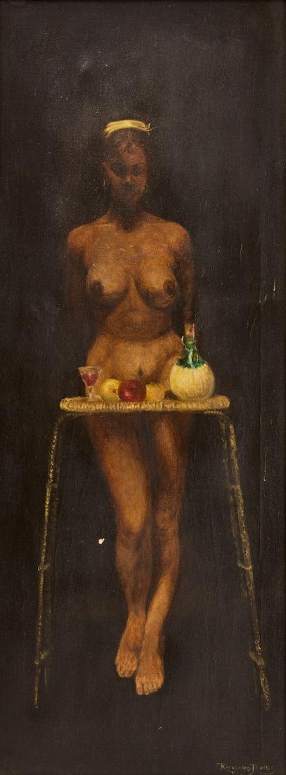 Interesting Painting of a Nude Woman: Painting of a nude woman with fruit in a dark room. Signed LR "Richard James". Condition: Chip in paint near lower center. Frame H 40-1/8" W 17-7/8" Canvas H 36" W 14". Copy and paste link for high-re