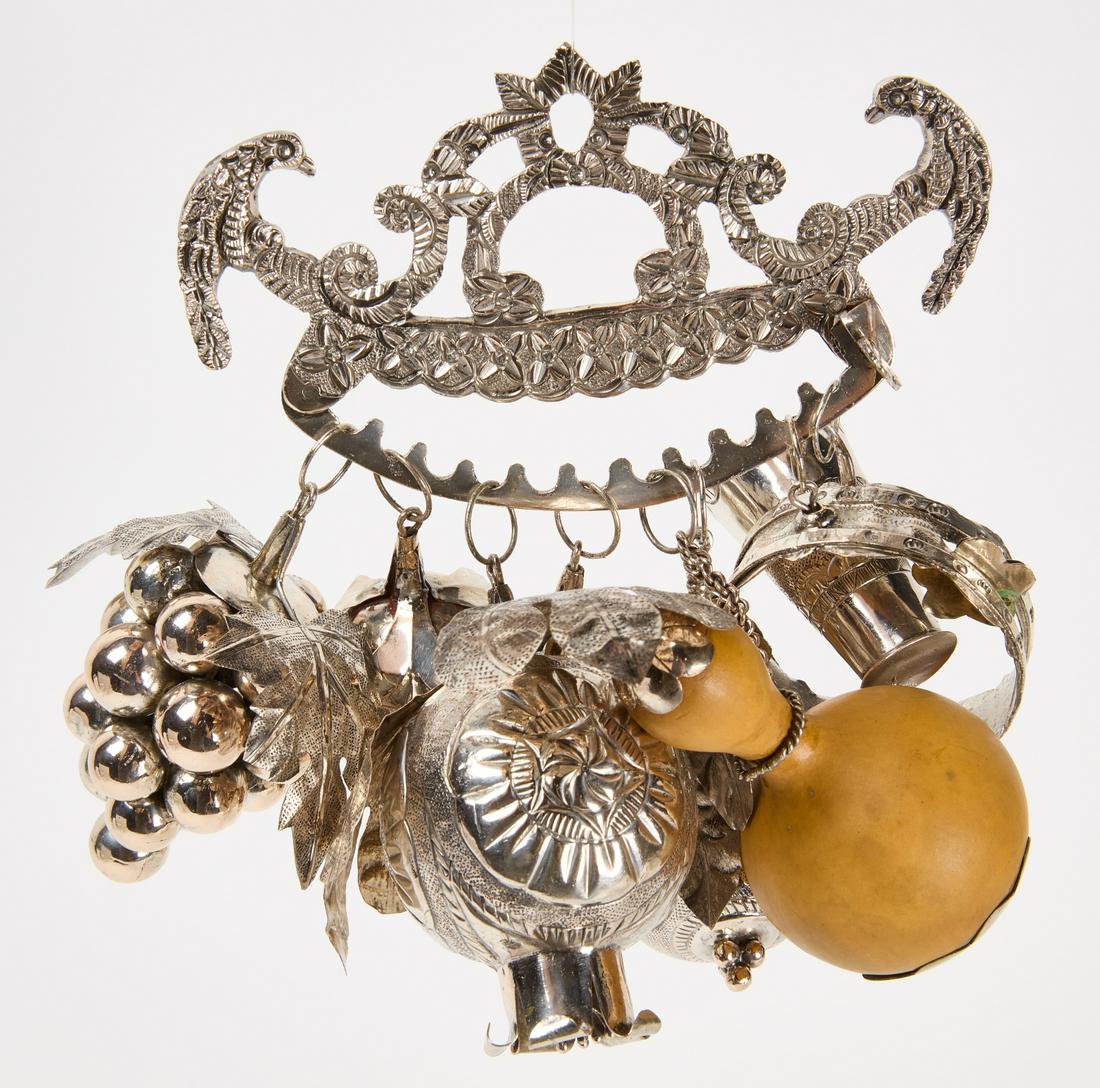 Antique Silver Penca De Balangandan: Afro-Brazilian antique silver Penca De Balangandan with 8 charms. Gourd with silver, cluster of silver grapes, pomegranate, tambourine, silver cup, etc. Acid tested, Silver 800. Total weight: 13.950 o