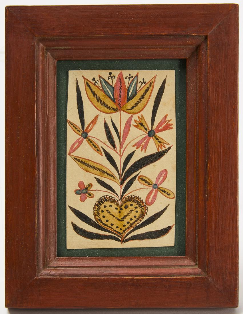 Fraktur with Flowers and Heart: Fraktur with flowers and heart. Pennsylvania, early to mid 19th century. Condition: Excellent original condition. Modern frame. Frame H 7-3/8" W 5-5/8" Paper H 4-1/4" W 2-5/8". Copy and paste link for