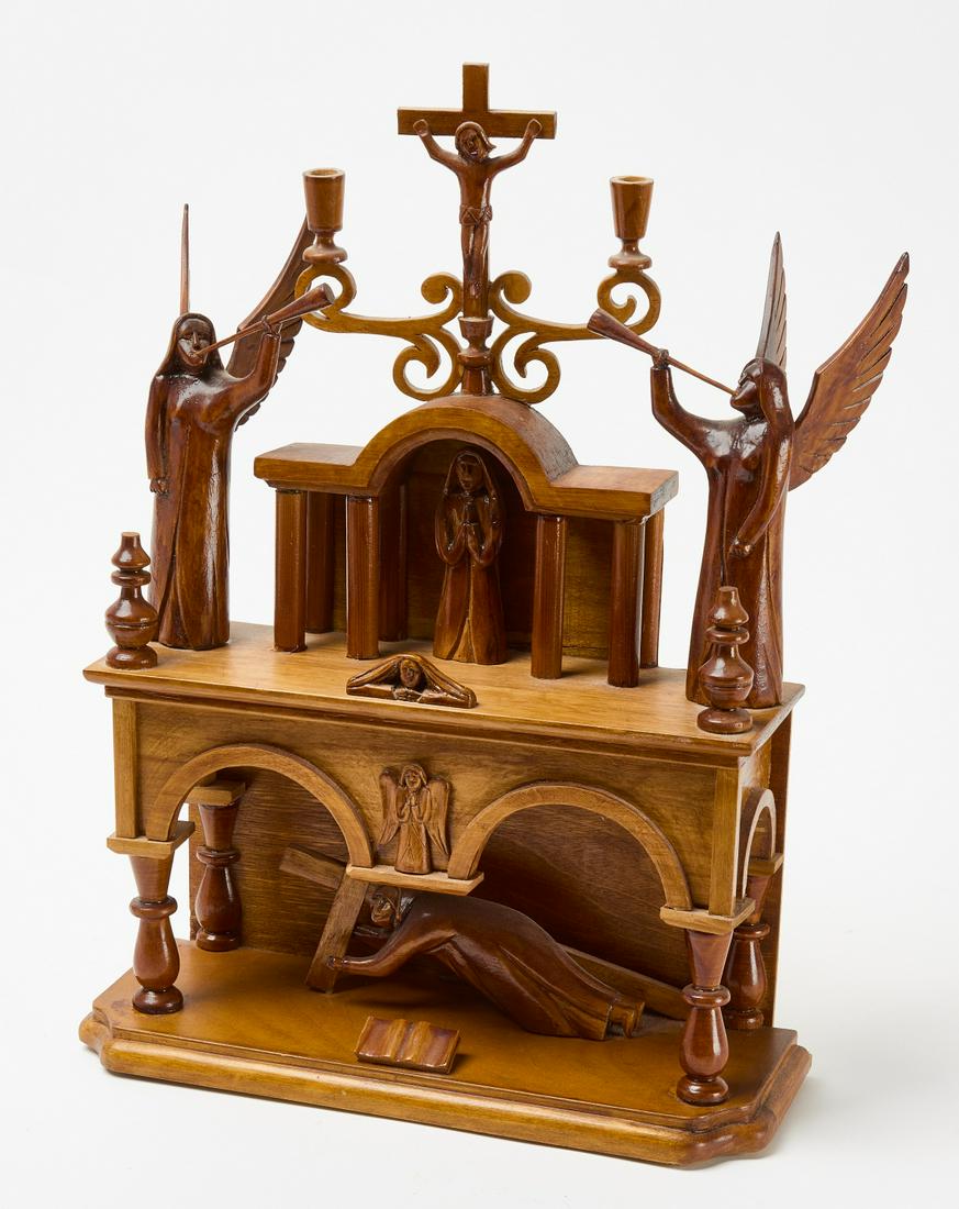 Folk Art Altar: Folk art wooden altar. Carved and varnished wood. American, circa 1920. Condition: Excellent original condition. H 18-5/8" W 12-1/2" D 4-1/2". Copy and paste link for high-res images: https://www.drop