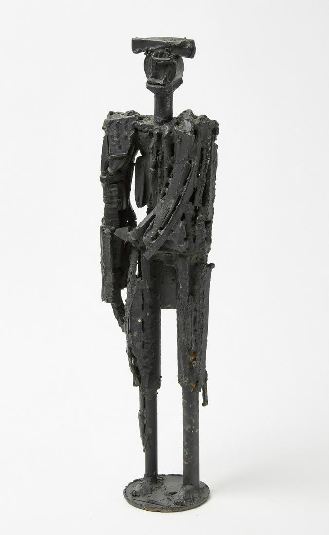 Brutalist Matador Figure: Brutalist metal figure of a matador with a hat and cape. Plaque reads "Ramon Lapayese". Condition: Excellent condition H 22-1/4" W 6". Copy and paste link for high-res images: https://www.dropbox.com/