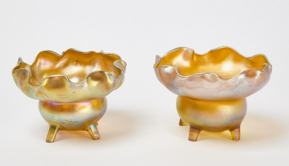 Pair of Tiffany Bowls: Pair of iridescent Tiffany bowls. Condition: Excellent. H 2-7/8" W 4-1/8". Copy and paste link for high-res images: https://www.dropbox.com/sh/uy7dnmf3fx7wedf/AACn5hPROeh6rJCLishziWpJa?dl=0