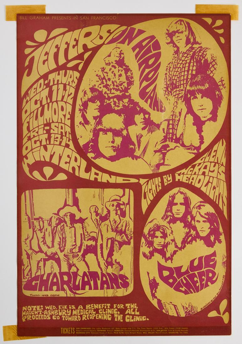 Bill Graham Presents Poster: Bill Graham presents original poster for Jefferson Airplane, Charlatans, Blue Cheer. Art by B. McClean, 1967. Condition: Excellent condition. H 21" W 14". Copy and paste link for high-res image: https