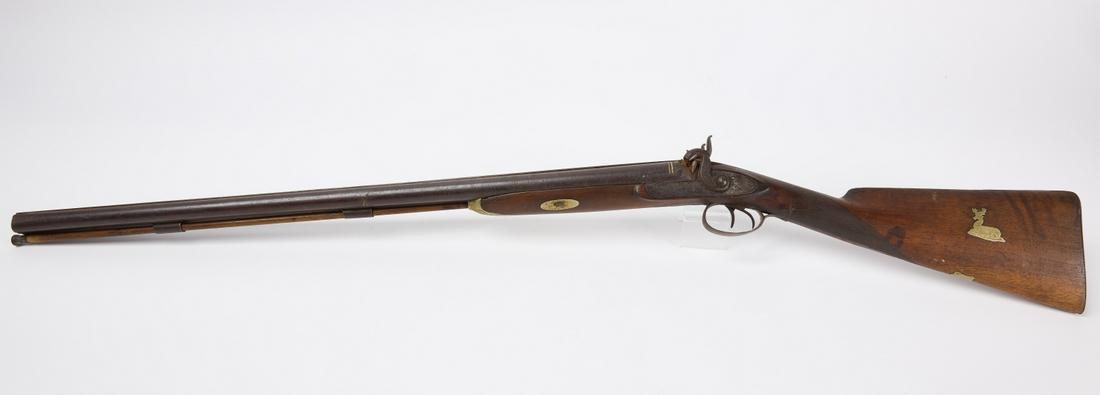 English Rifle: Antique black powder rifle. Engraved scene on barrel. Condition: Excellent with imperfections L 46-1/8". Copy and paste link for high-res images: https://www.dropbox.com/sh/2cqdnx5u28dg98a/AABAiKlx81L