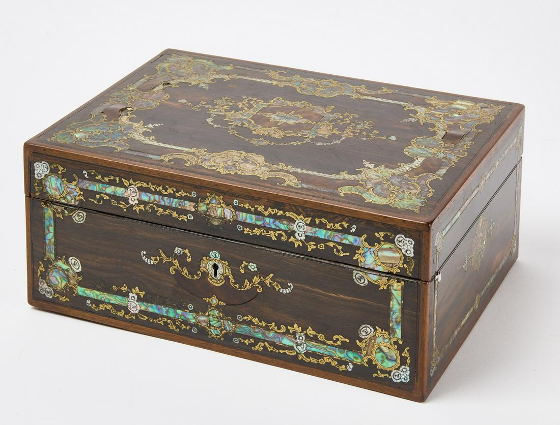 Sewing Box with Pearl Inlay: Fine sewing box with pearl inlay. 19th century. Condition: Excellent original condition. H 5" W 11-5/8" D 8-5/8". Copy and paste link for high-res images: https://www.dropbox.com/sh/vd2n2xp7njzu7nk/AA
