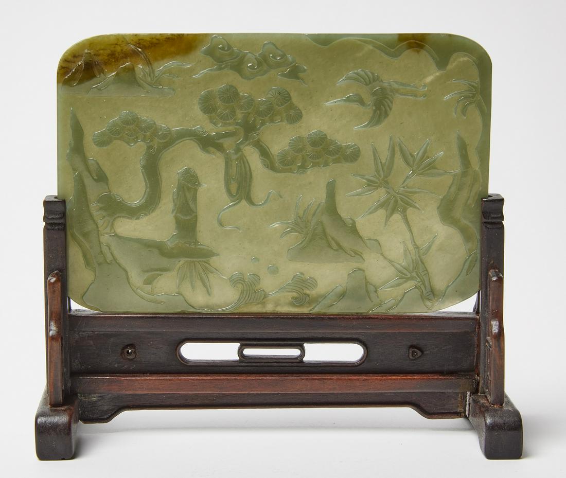 Jade Plaque with Wooden Base: Jade Plaque with Wooden Base. H (w/out stand) 4-1/8" L 6-3/8". Copy and paste this link for high-res images: https://www.dropbox.com/sh/m45mw1kyc20hb2i/AABaxHHdnelfeb-GGzfnguuqa?dl=0