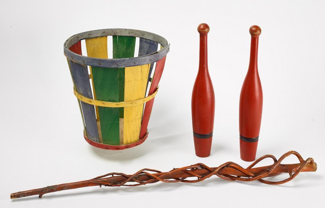Painted Slat Basket, Walking Stick, and Clubs (1 of 1)