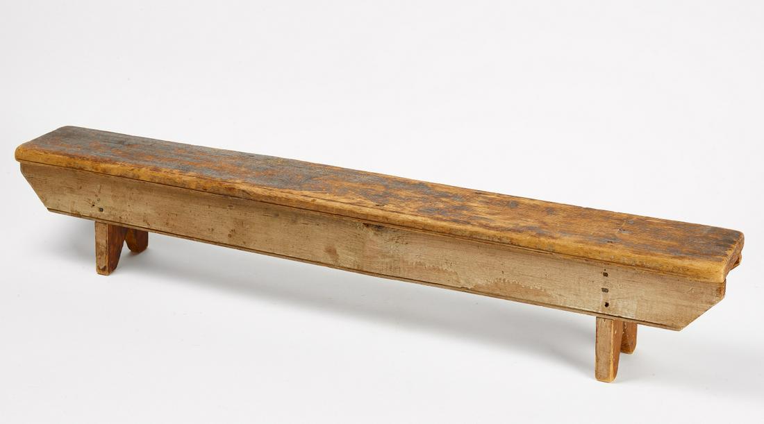 Grey Painted Bench: Small grey painted bench. Original condition. New England, circa 1830. Condition: H 7" L 44" D 5". Copy and paste link for high-res images: