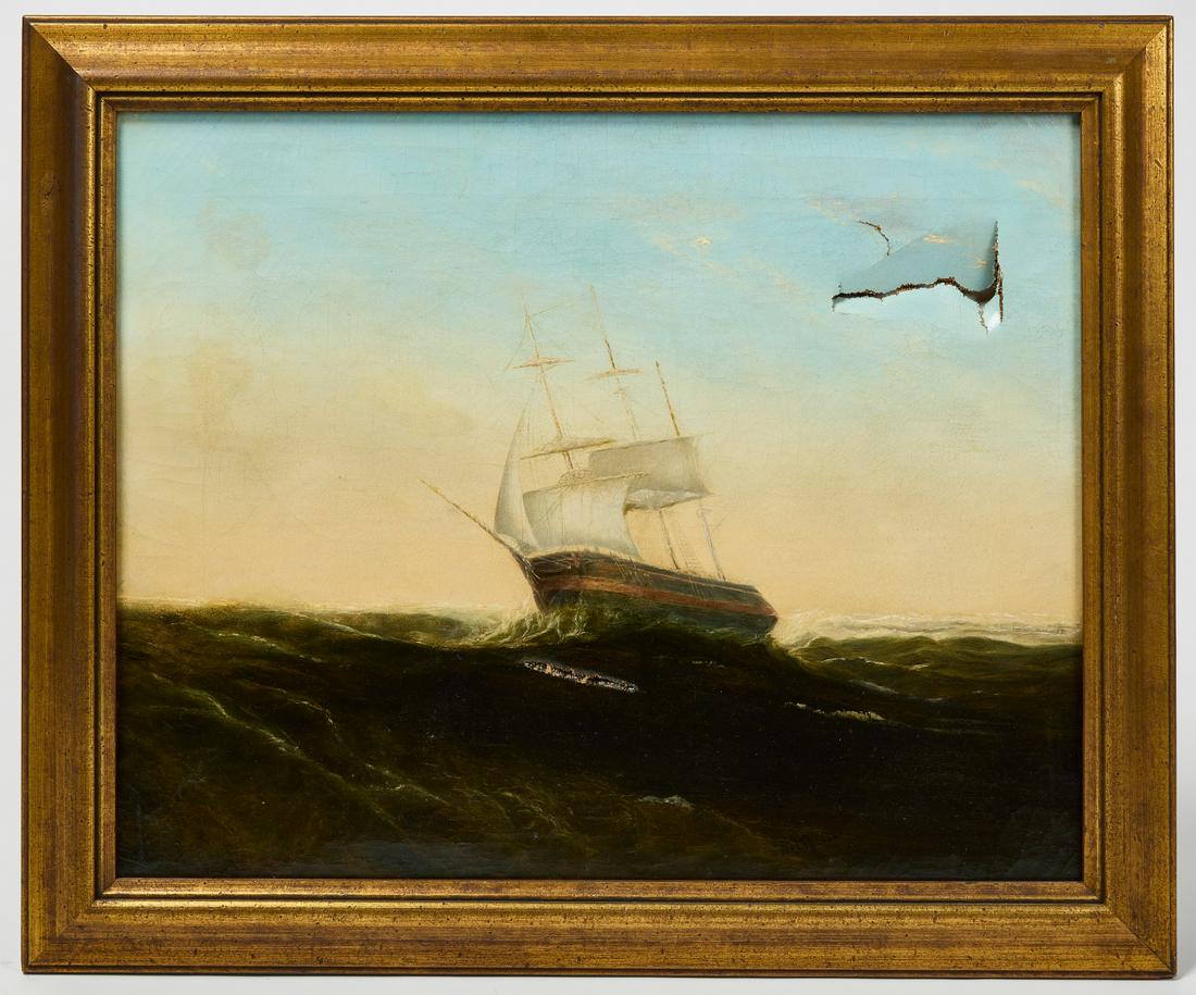 Painting of a Ship: Painting of a ship at sea. Oil on canvas. 19th century. Condition: Two significant tears Frame H 24" W 25-3/8". Sight H 19-1/4" W 24-1/4"