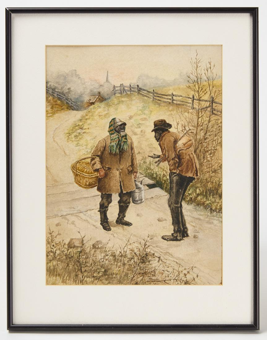 Watercolor of Two Travelers: Framed watercolor depicting two travelers on the road. American, circa 1910. Condition: Excellent condition. Frame H 18-1/8" W 14-1/4". Paper H 13-3/8" W 9-3/4". Copy and paste link for high-res image