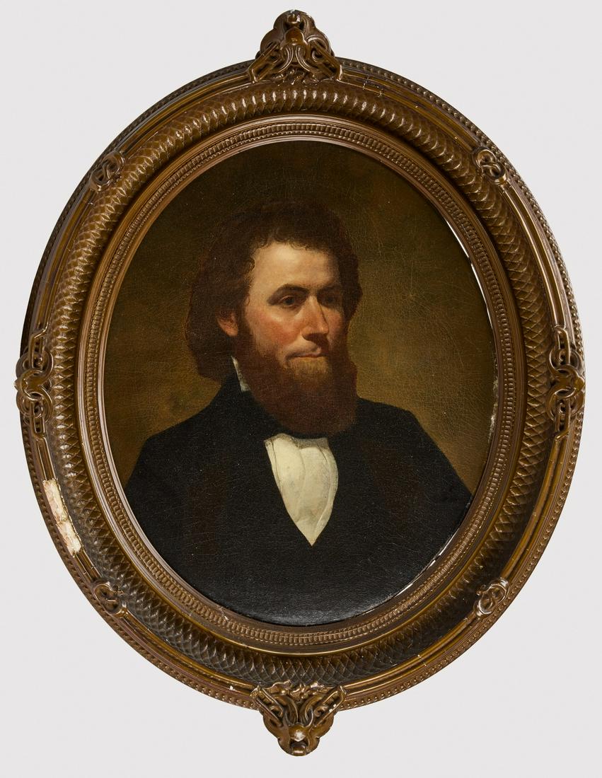 Portrait of a Man: Portrait of a man in an oval frame. American, circa 1865. Condition: Excellent condition. Some imperfections to the frame. Frame H 38-1/2" W 31". Sight H 26-1/2" W 21-3/8". Copy and paste link for hig
