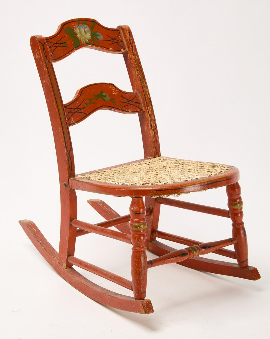 Doll Rocking Chair: Painted doll's rocking chair. American, 19th century. Condition: Excellent condition. H 15-1/2" W 9-1/2" D15-1/2".
