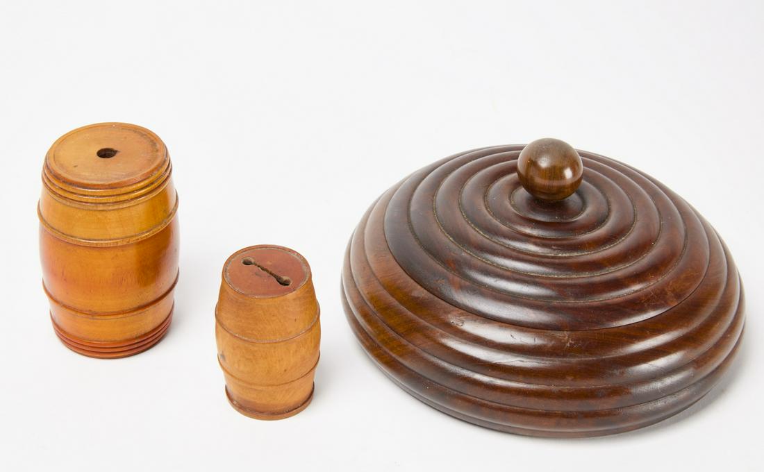 Round Treen Box and Two Small Treen Barrels (1 of 2)