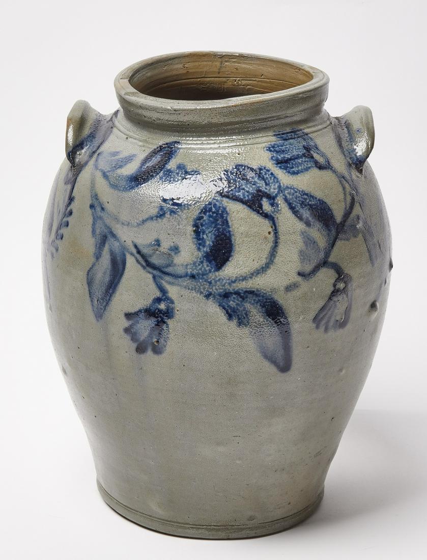 Stoneware Crock: Stoneware crock with blue floral decoration. H 15-1/4" W 12". Condition: Excellent condition. Link for high-res images: https://www.dropbox.com/scl/fo/wfup6u2putve2710r5k5p/h?dl=0&rlkey=nlmxl263568jnm