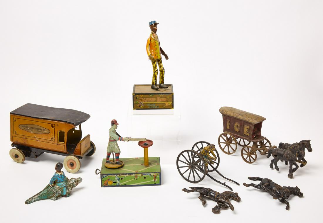 Five Antique Toys: Five antique toys. Home Run King baseball, Dapper Dan Coon Jigger. Iron 'nodder' boy on a gator. Cast iron ICE wagon, and a jockey and cart puller by 2 horses. All toys are vintage. Porter H 10". Bost