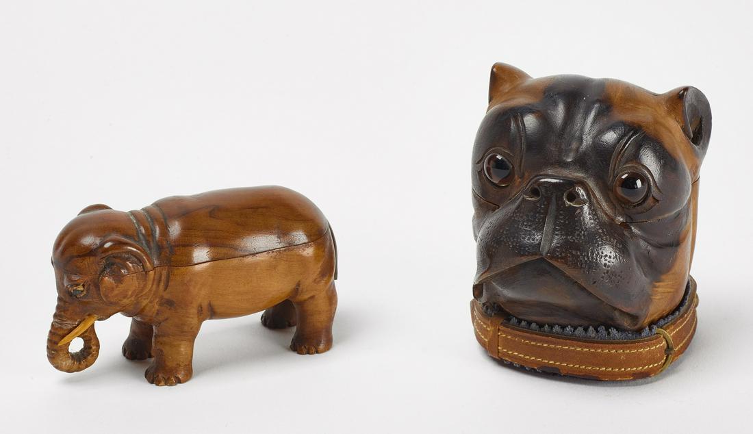 Elephant Box and Dog Inkwell: Miniature carved elephant box together with wooden dog inkwell. Dog H 3-1/4" W 2-5/8". Elephant H 1-3/4" L 3-1/2". Copy and paste this link for a high-res image: https://www.dropbox.com/s/hsd77abq7zrb