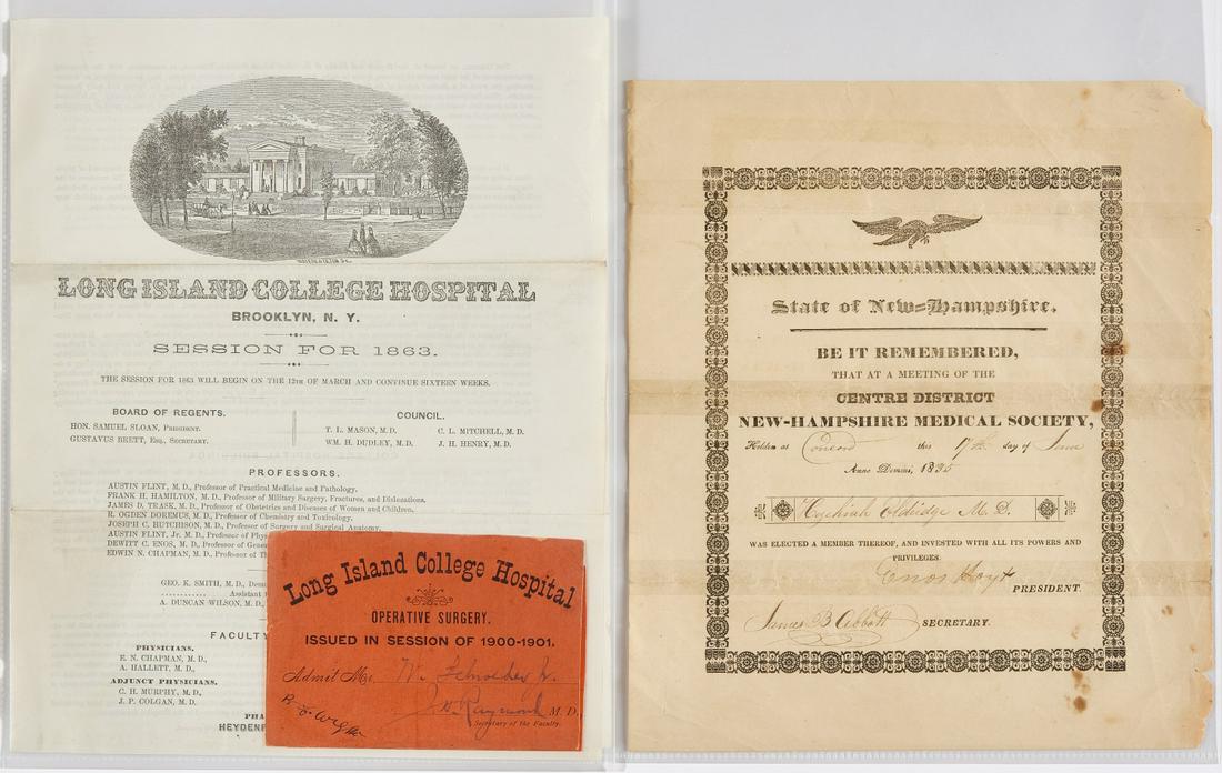 Lot of Medical/Temperance/Hospital Ephemera: Lot includes 1863 letterhead and 1901 operative surgery cards(2) for Long Island College Hospital. One small 1835 broadside (taped at folds, verso) for election into the State of New Hampshire Medical