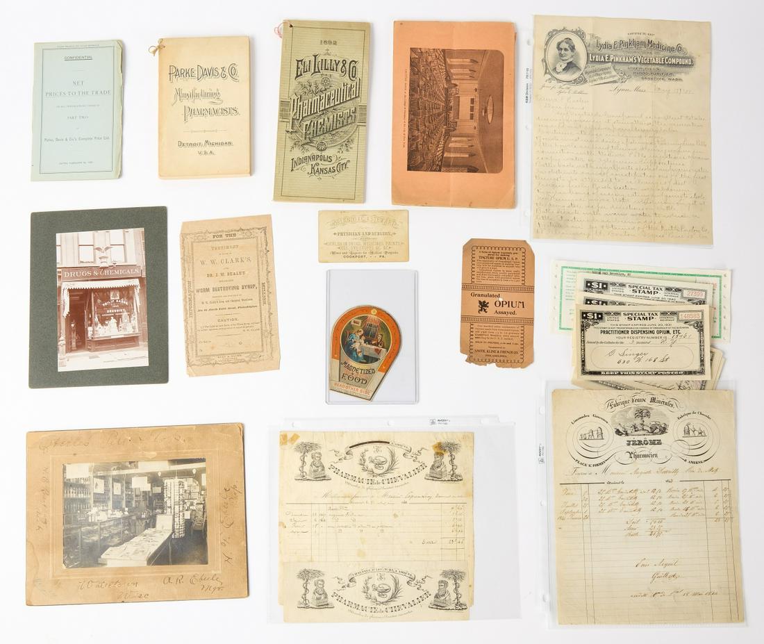 Pharmacy Ephemera - Photos Letterheads, Pamphlets: Lot of 19th and early 20th century pharmaceutical memorabilia to include: 19th century photo on board of the shop of Philip Gauss, Druggist. Overall size H 8-1/2" W 6-1/2". Late 19th-early 20th centur