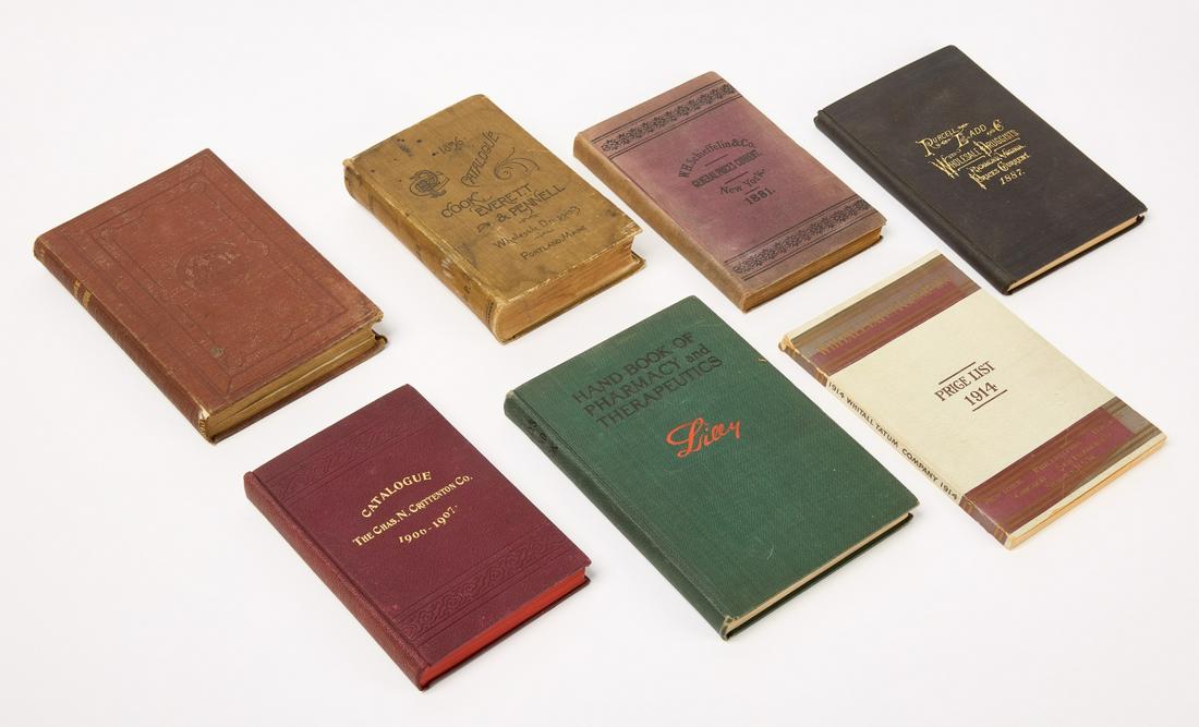 Lot of Pharmaceutical Catalogs 1862-1925: Lot of 7 catalogs of Druggist medicines and other supplies. 1. Dorvault. Catalogue Pharmaceutique. 1863. Inscribed and signed by the author. 445 pp. 8vo. Full brown cloth, blind stamped on covers and 
