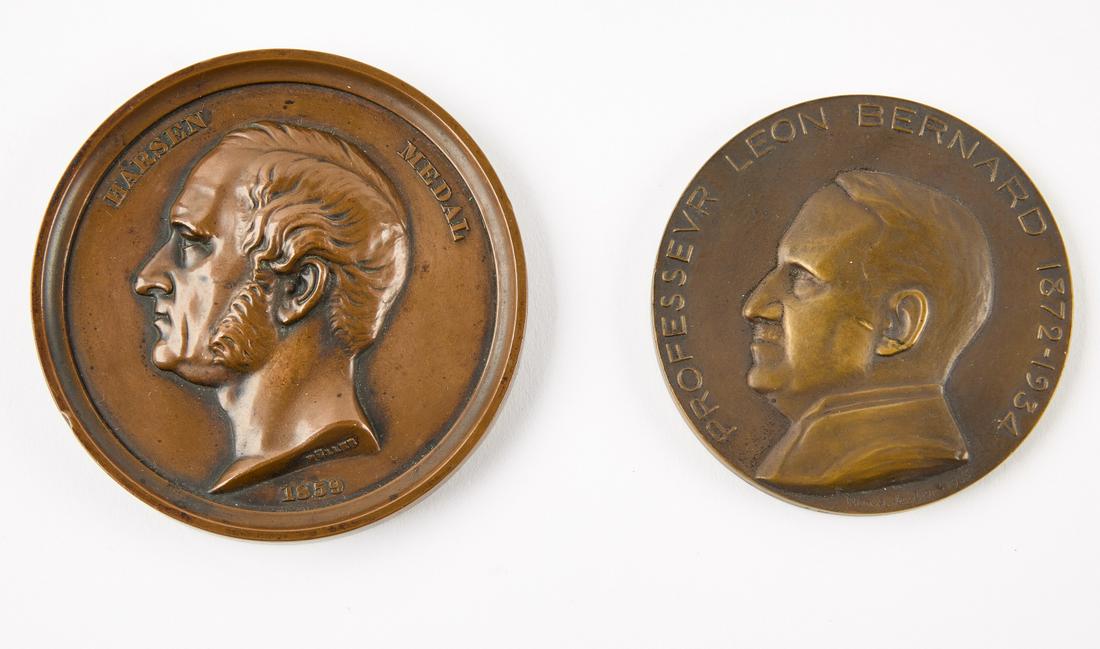 Two Medical Medals: 1. College of Physicians and Surgeons, Harsen Medal by Muller 1859, Third Prize engraved with name on edge, Frances Anthony Kopecky. Electrotype copper lead filled medal 2. 1935 International League o