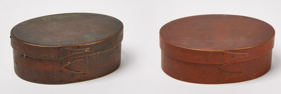 Two Shaker Boxes: Two Shaker box in early probably original red paint. North Eastern United States. 19th century. H 2-1/8" W 6-1/2" D 4-1/2". H 2-1/8" W 6" D 4". Condition: Bottom panel pushed in slightly on one box. C