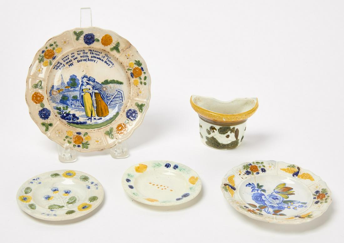 Four Small Prattware Plates and Half Round Cup (1 of 2)