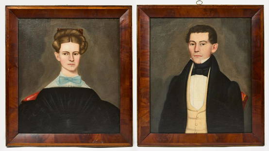 Erastus Salisbury Field - Pair of Portraits: Erastus Salisbury Field (1805-1900) - Pair of portraits. Oil on canvas. Massachusetts. Circa 1835. Provenance: Sam Herrup. Frame: H 31-1/4" W 28-1/4". Canvas: 28" W 25". Condition: Inspected under UV