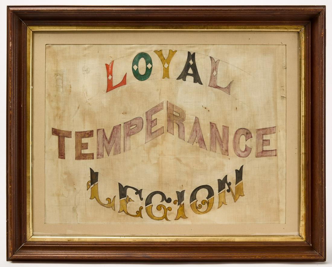 Loyal Temperance Legion Banner: Loyal Temperance Legion banner. Hand painted on linen. Professionally framed. Frame: H 24-1/2" W 30-1/2". Sight: H 17-1/8" W 23". Condition: Excellent condition. Copy and paste link for high-res image