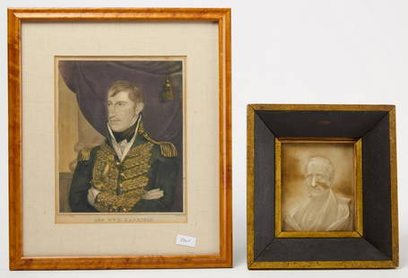 Two Portraits of General William Harrison: Two portraits of General William Harrison. The first is a wax portrait in a period shadowbox frame. American. Circa 1880. The second a hand colored lithograph on paper by E.R & E.C. Kellogg titled, 'G